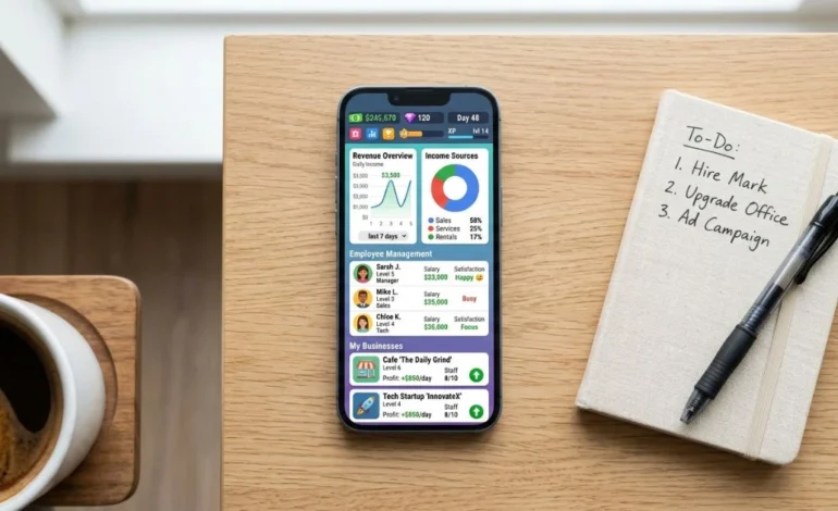 Smartphone showing a BitLife-style business simulator interface with revenue stats on a white desk