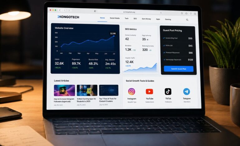 Laptop showing Kongotech-style website analytics and guest post review workspace.