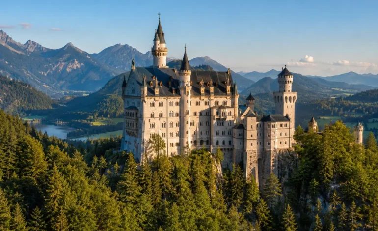 Neuschwanstein Castle in Bavaria surrounded by mountains and forest