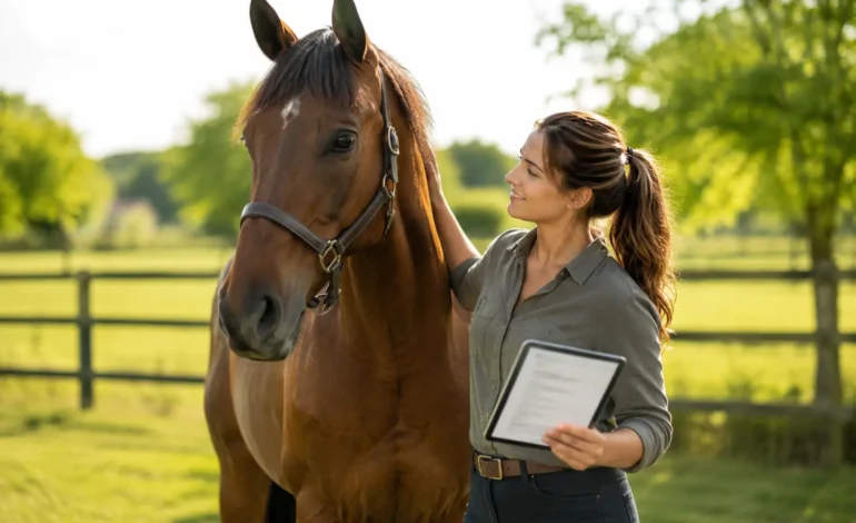 Horse owner standing with insured horse in a sunny paddock representing horse insurance coverage and costs