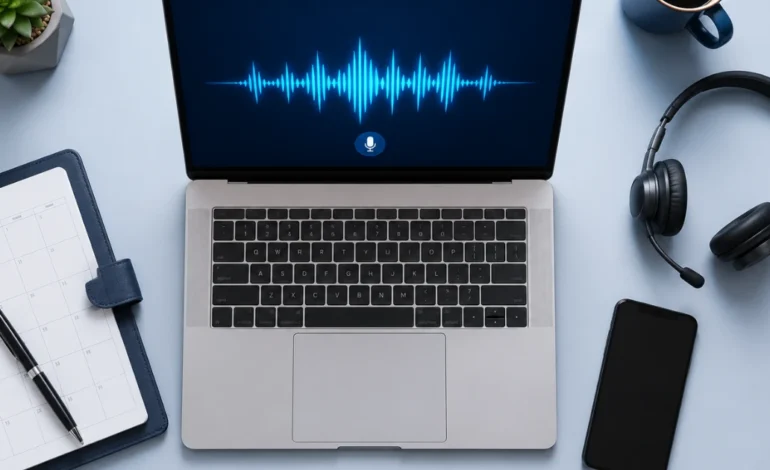Laptop displaying AI voice agent interface with calendar and headset showing appointment booking workflow