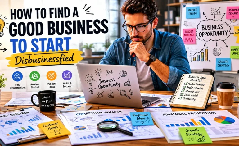 Entrepreneur evaluating profitable business ideas using market research and business opportunity analysis