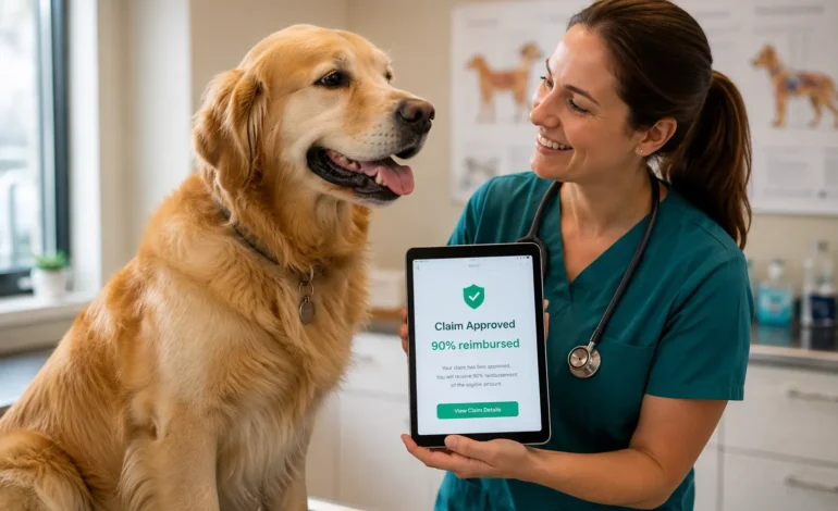 Happy golden retriever sitting on examination table while veterinarian shows pet insurance claim approval on tablet pumpkin pet insurance review