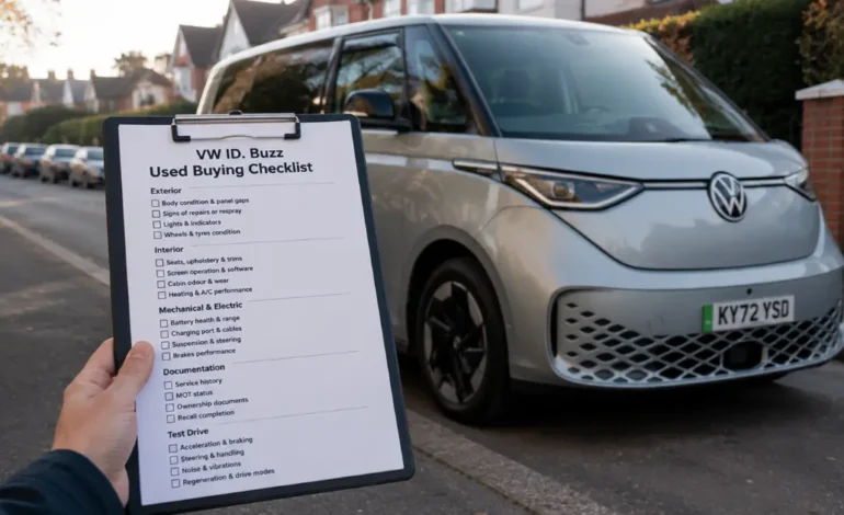 Man checking HPI document beside a used blue two-tone VW ID. Buzz on a wet UK street during a pre-purchase inspection
