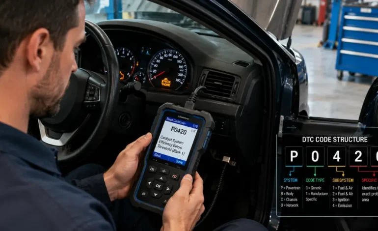 Mechanic using an OBD-II scanner to read and understand a car diagnostic trouble code with the check engine light illuminated.