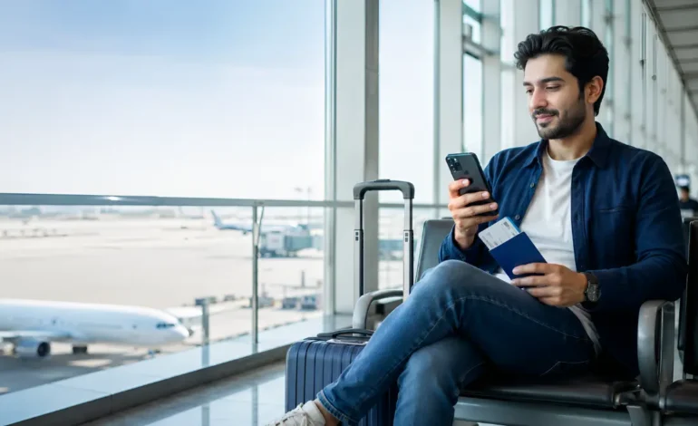 Faye Travel Insurance review showing a traveler checking travel insurance on a smartphone before an international flight.