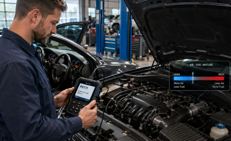 Mechanic diagnosing P0171 System Too Lean Bank 1 code with an OBD-II scanner on a car in an automotive repair shop.