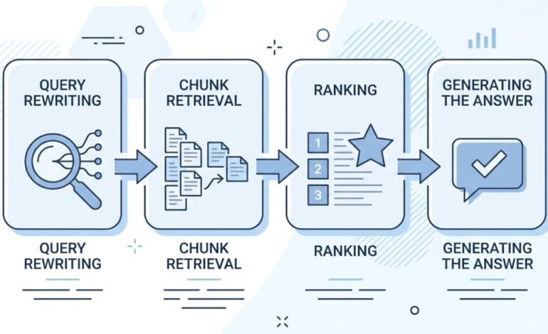 Diagram showing the four stages of how LLMs retrieve and cite content: query rewriting, chunk retrieval, ranking, and generation